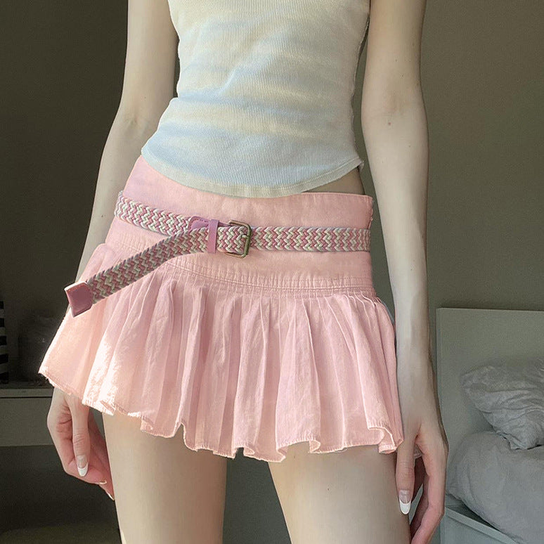 Femboy wear sweet pink pleated short skirt front