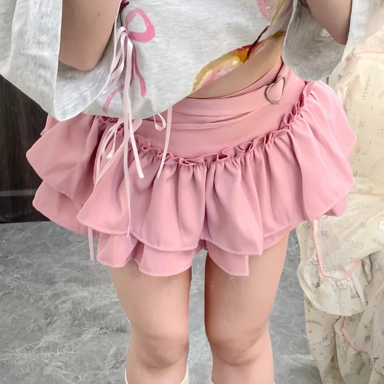 Femboy wear sweet pink pleated short skirt front