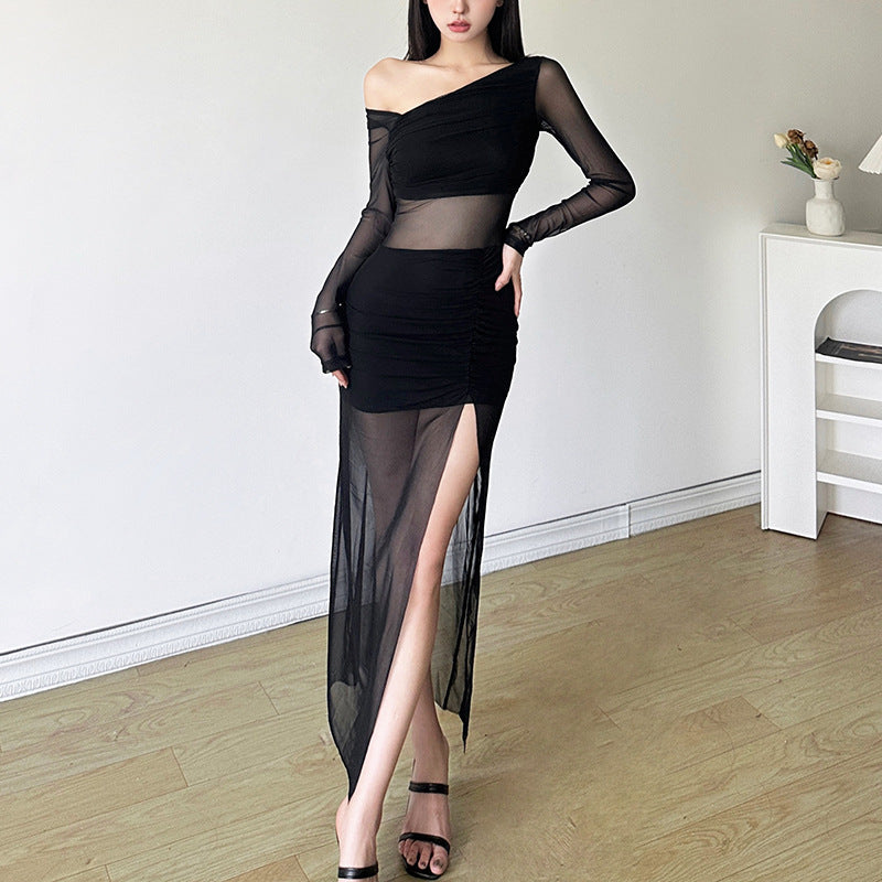 Femboy wear sweet sexy black mesh side slit dress