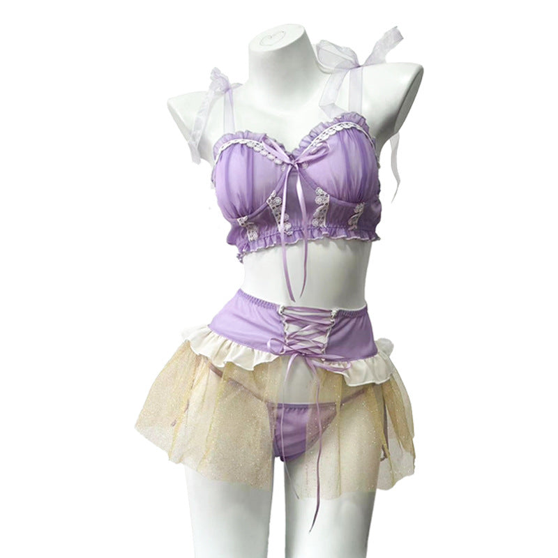 Femboy wear sweet sexy purple lace lingerie set