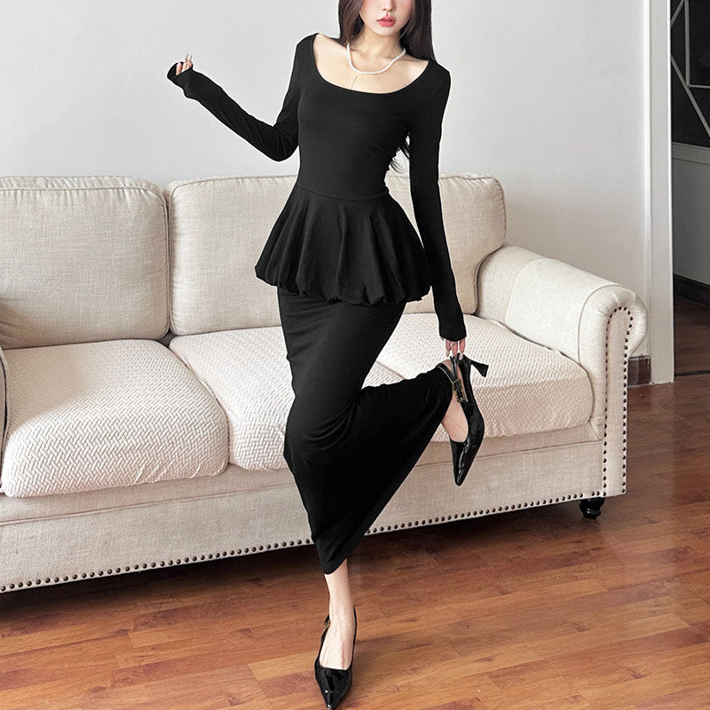 Femboy wear sweet slim long sleeve black dress