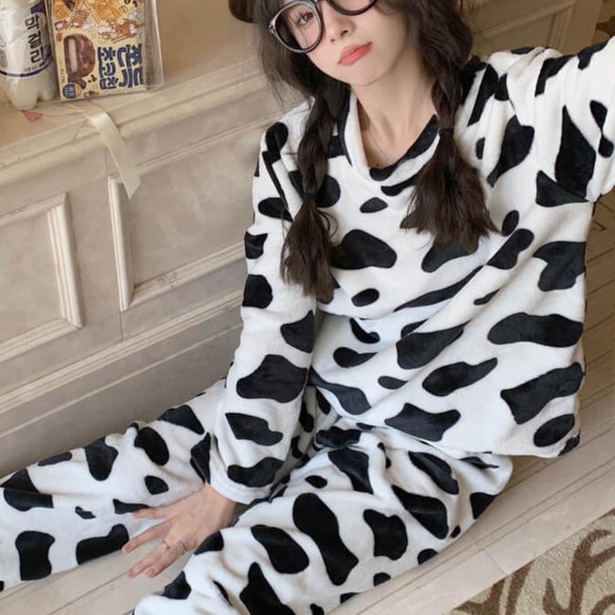 Femboy wear sweet winter fleece cow print pajama set