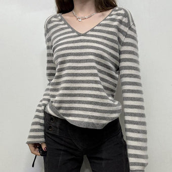 V-Neck Gray and White Striped Pullover Femboy Sweater