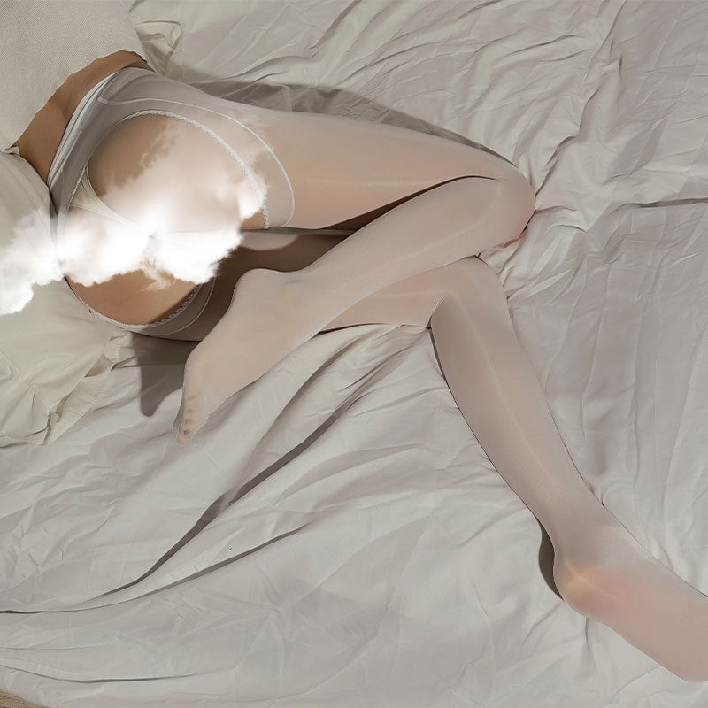 Femboy wear white glossy crotchless pantyhose side