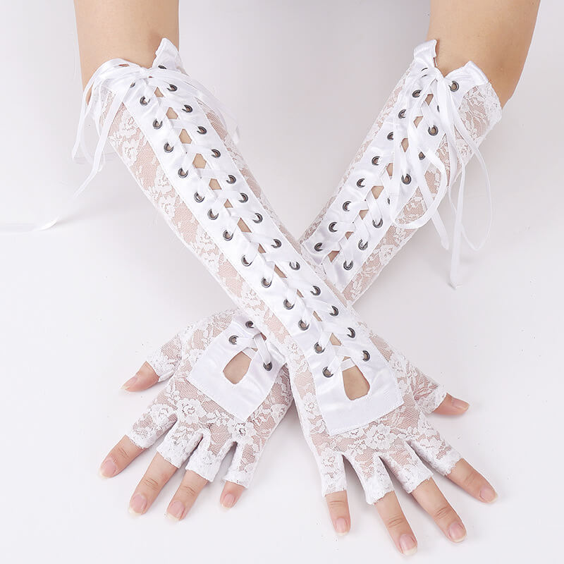 Femboy wear white gothic lace up half finger lace gloves