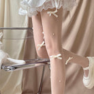 Femboy wear white kawaii lolita bow pantyhose with pearl