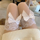 Femboy wear white lace high thigh stockings with big bow