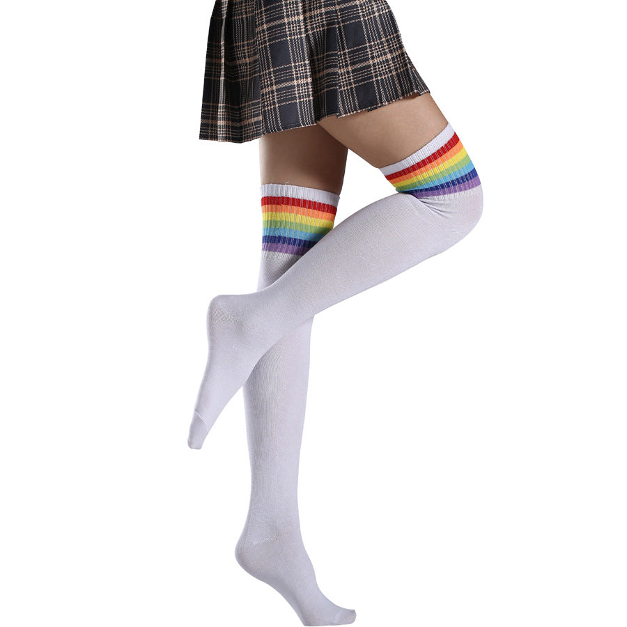 Femboy wear white rainbow striped thigh high socks