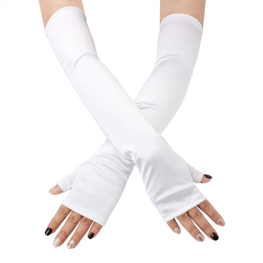 Femboy wear white satin fingerless gloves