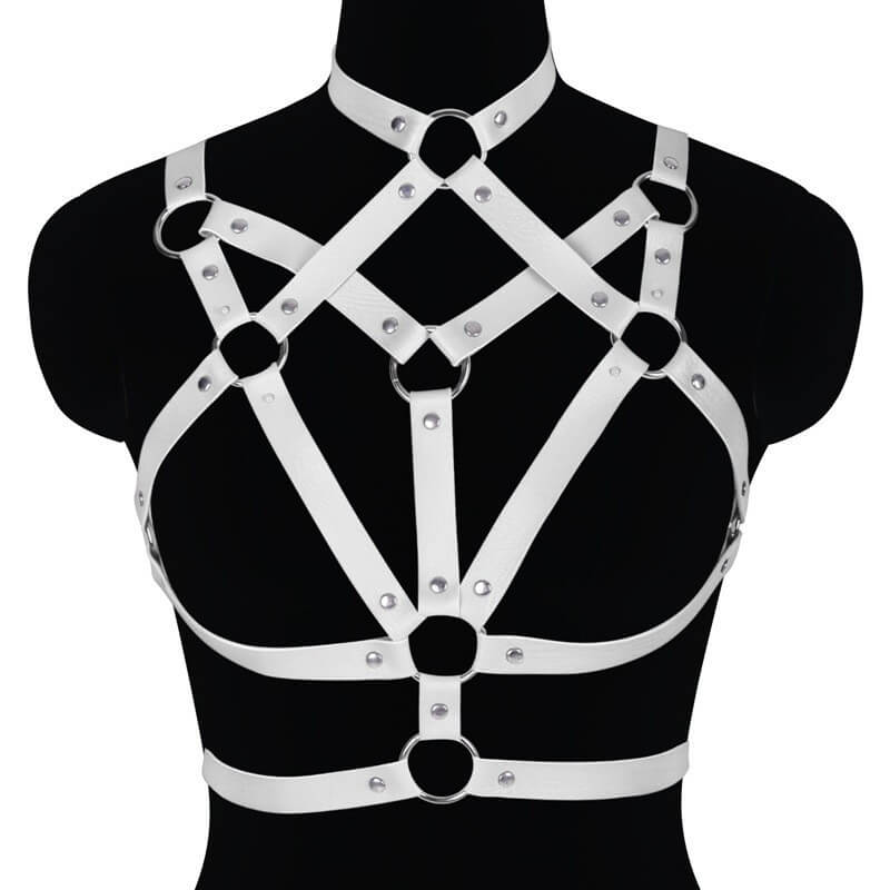 Femboy wear white sexy leather chest harness