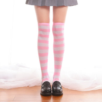 Pastel Femboy White & Pink Striped Thigh High Socks