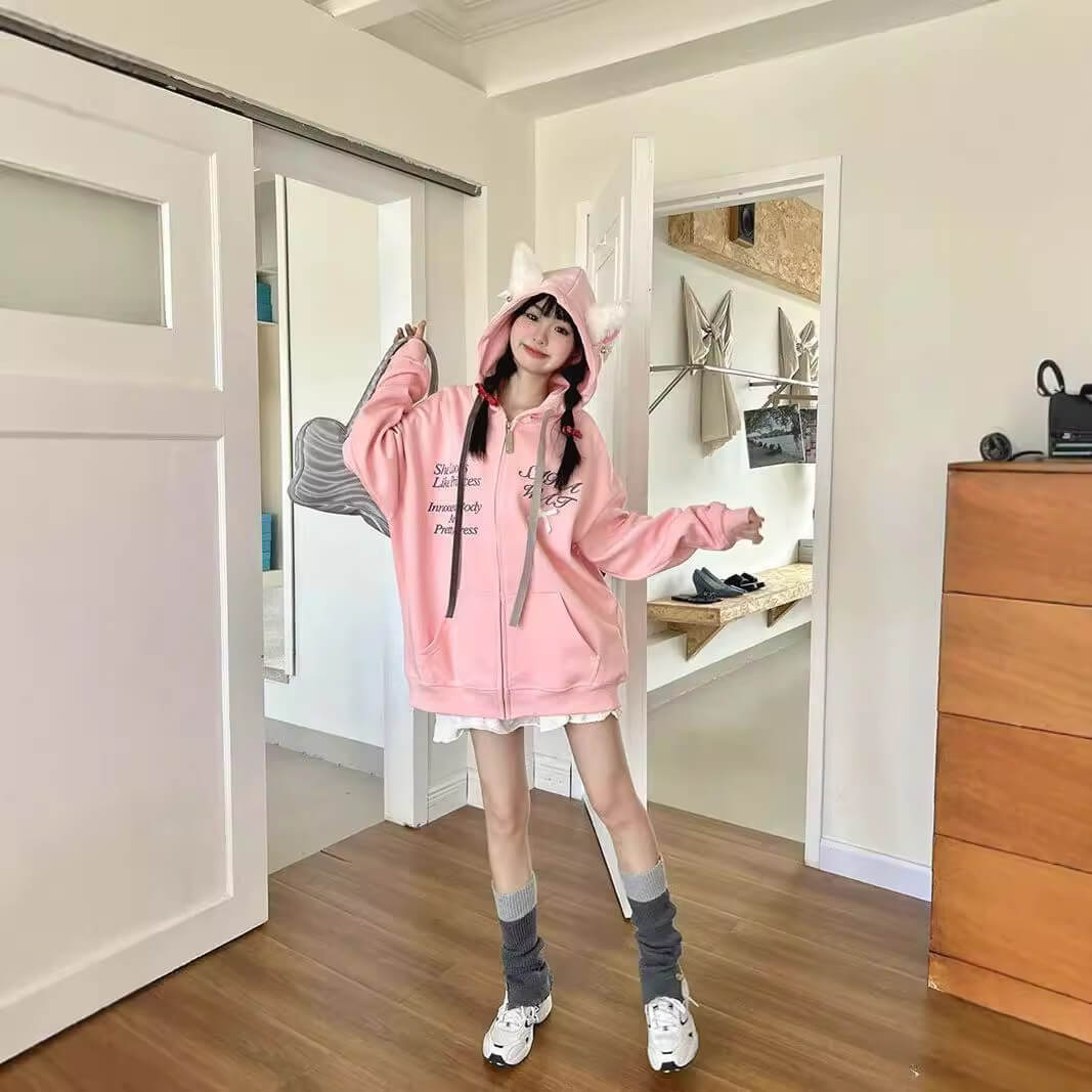 Femboy white cute pink hoodie with ears for femboy