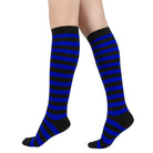 Navy and black femboy striped knee-high socks on a white background