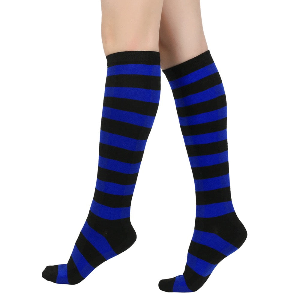 Black and blue femboy striped knee-high socks on a white background