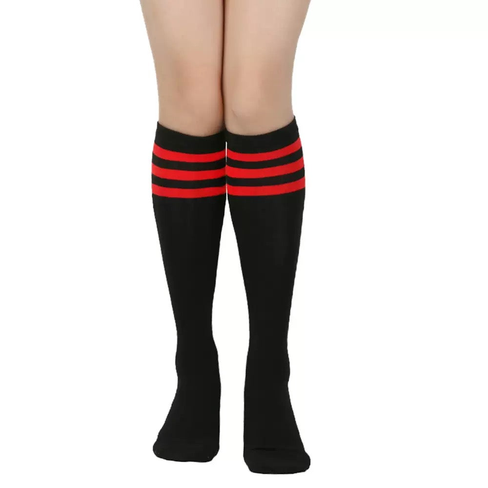 Black knee-high socks with red stripes worn by a femboy on a white background