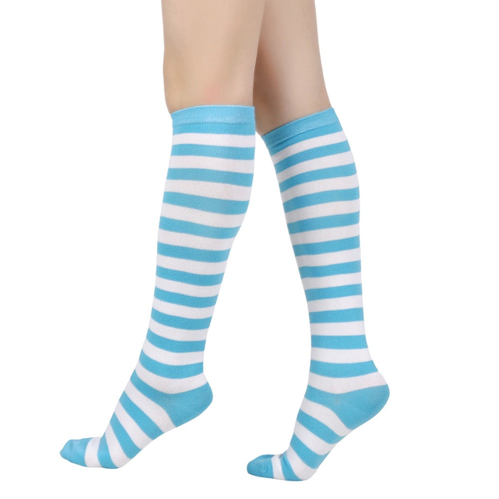 Blue and white femboy pin striped knee-high socks on a white background