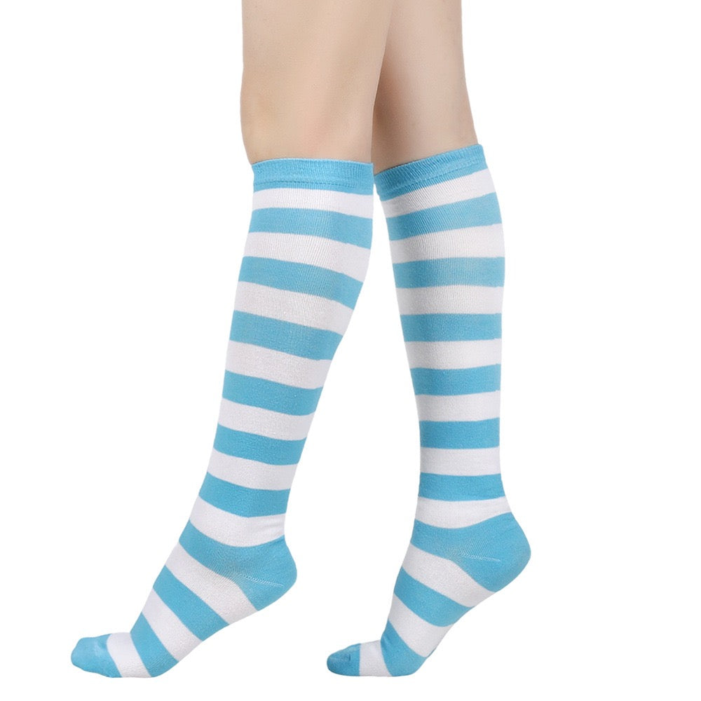 Blue and white femboy striped knee-high socks on a white background
