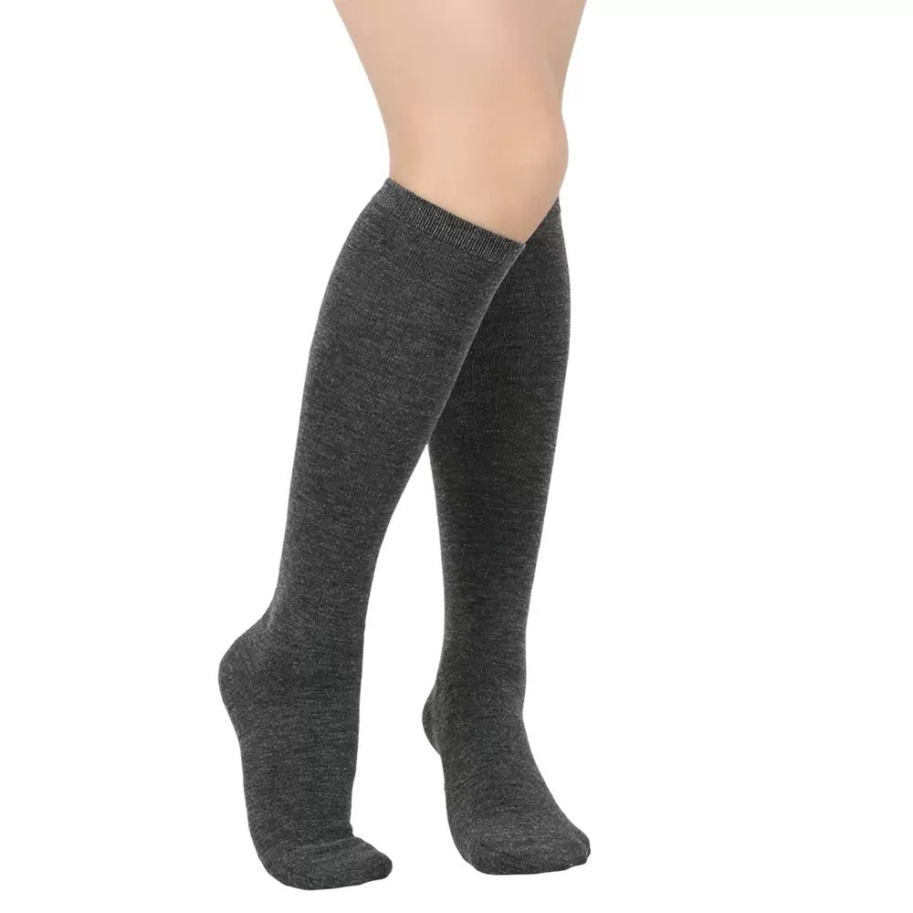 Dark grey knee-high socks on a white background