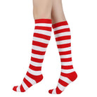 Red and white femboy striped knee-high socks on a white background