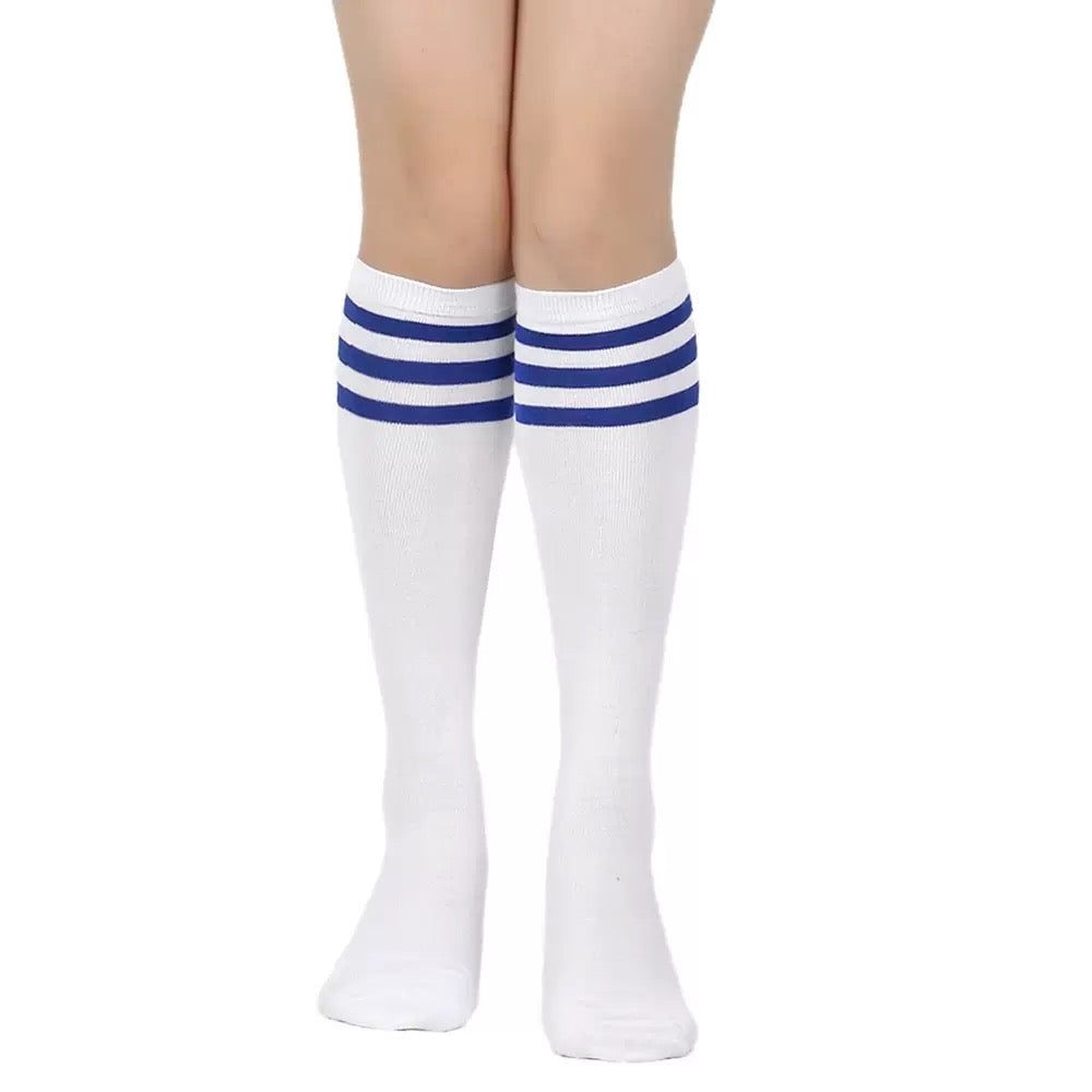 White knee-high socks with blue stripes worn by a femboy on a white background