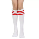 White knee-high socks with red stripes on a white background
