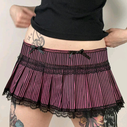 Black And Pink Stripe Pleated Skirt - Femboy Fashion
