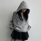 Oversized Grey Zip Up Bow Hoodie - Femboy Fashion