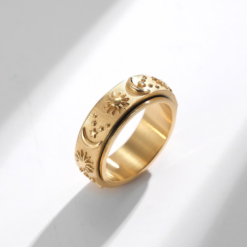 Gold sun moon star rotating stainless steel ring