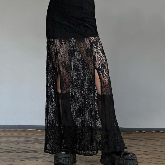Goth Lace Maxi Skirt Black - Femboy Fashion