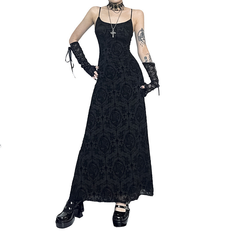 Gothic Black Cross Print Sleeveless Maxi Dress Front - Femboy Fashion