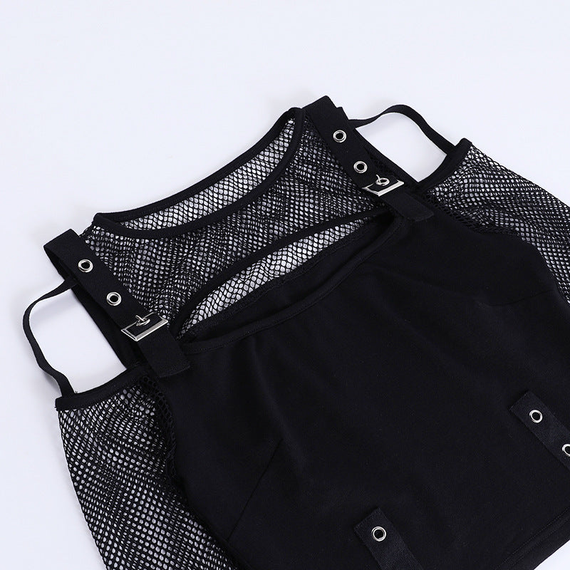 Gothic Femboy In Gothic Black Fishnet Cut Out Crop Top Detail - Femboy Fashion