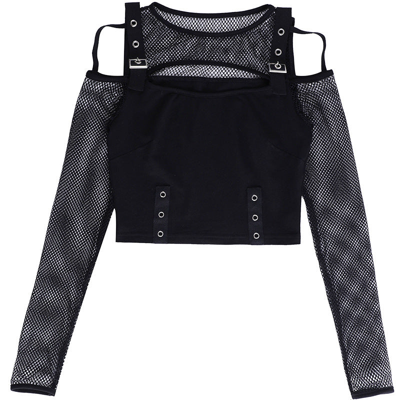 Gothic Black Fishnet Cut Out Crop Top Front - Femboy Fashion