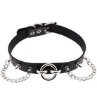 Black leather choker with silver chains and spikes on a white background
