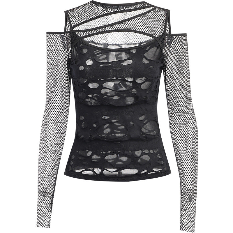 Gothic Black Ripped Fishnet T-shirt For Femboy - Femboy Fashion