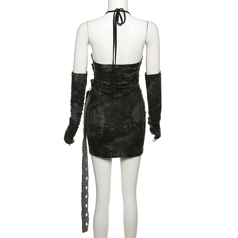 Gothic cutout halter dress with gloves back