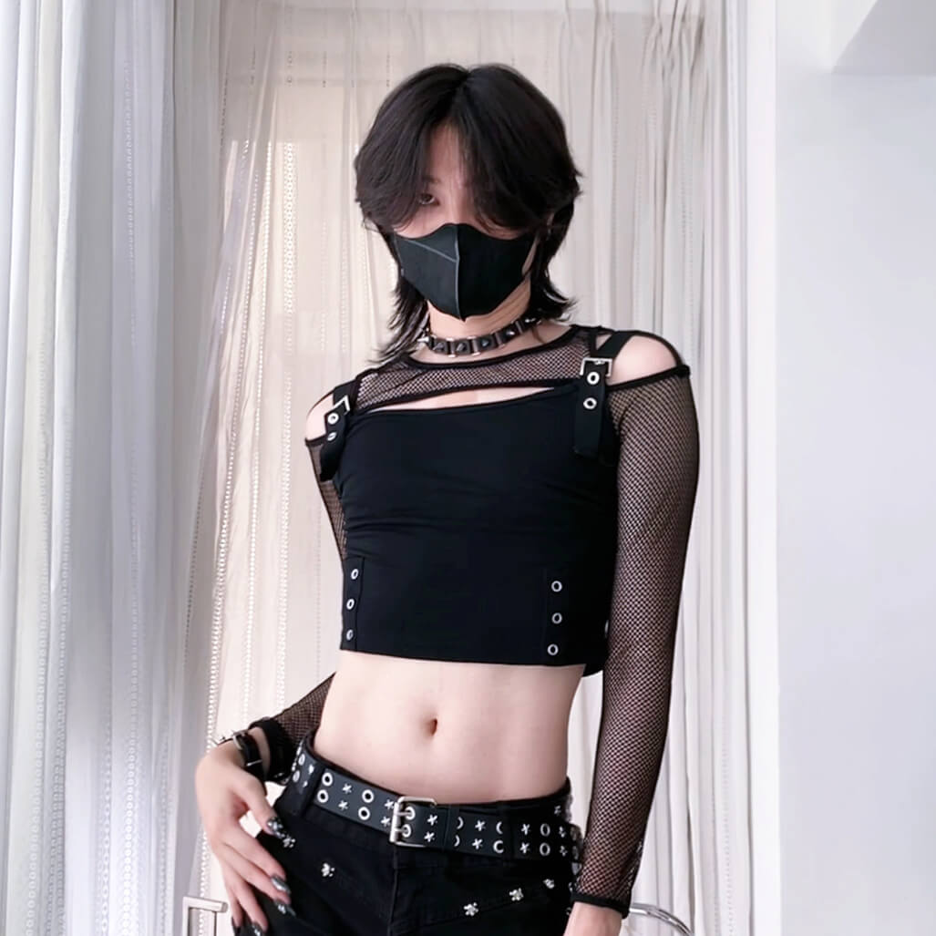 Gothic Femboy In Gothic Black Fishnet Cut Out Crop Top - Femboy Fashion