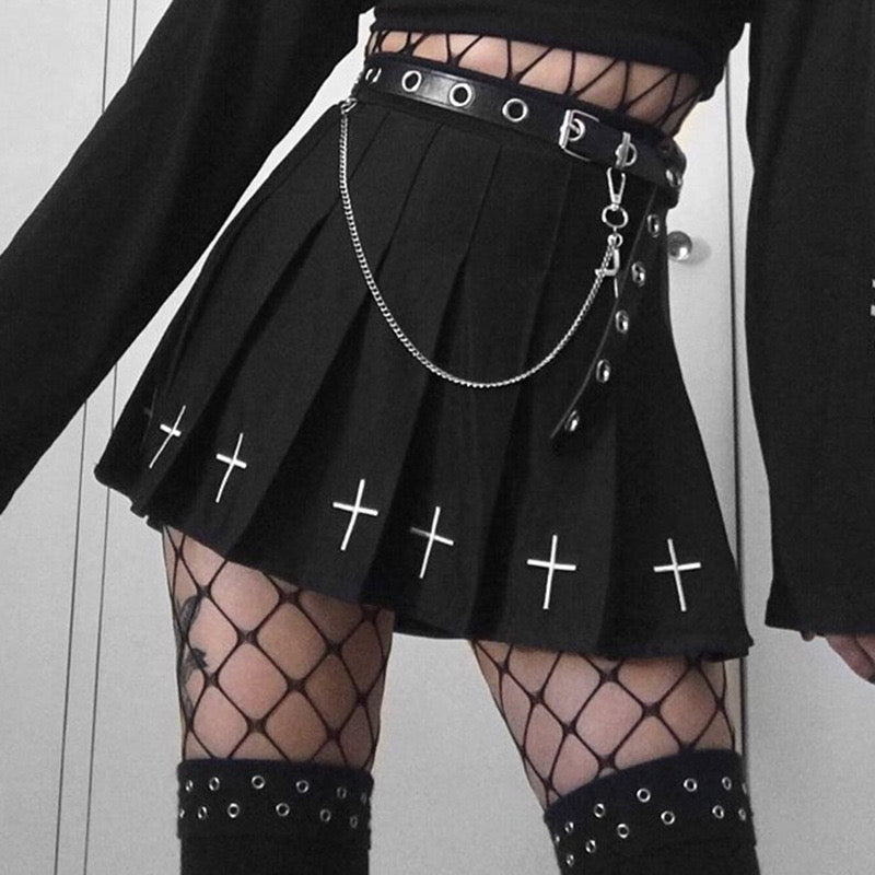 Gothic Femboy Wear A Black Pleated Skirt With Cross - Femboy Fashion