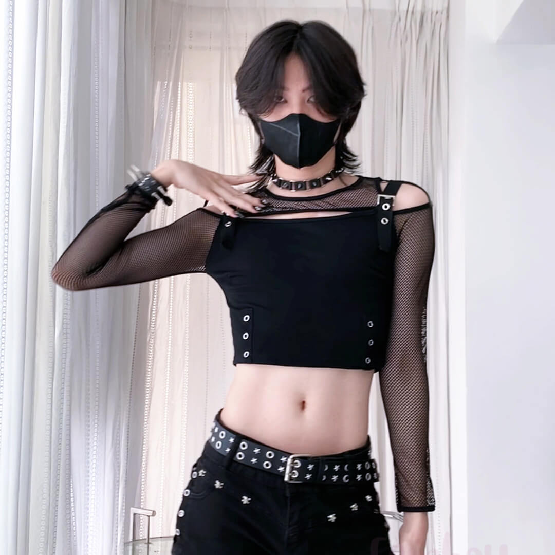 Gothic Femboy In Gothic Black Fishnet Cut Out Crop Top - Femboy Fashion