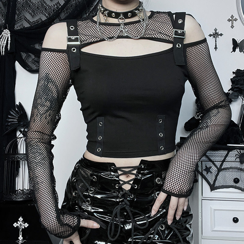 Gothic Femboy In Gothic Black Fishnet Cut Out Crop Top - Femboy Fashion