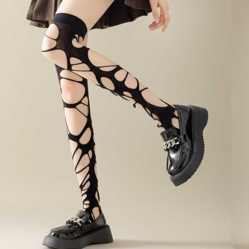 Black Gothic Ripped Thigh High Stockings For Femboy - Femboy Fashion