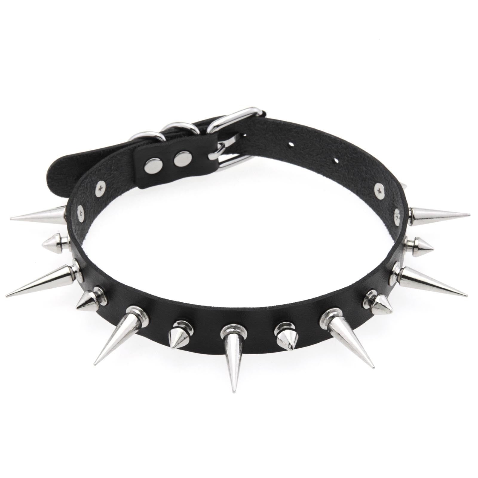 Black leather choker with silver spikes on a white background