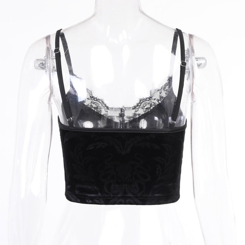 Black gothic velvet camisole crop top back