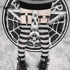 Gray And Black Striped Thigh High Socks With Black Garters