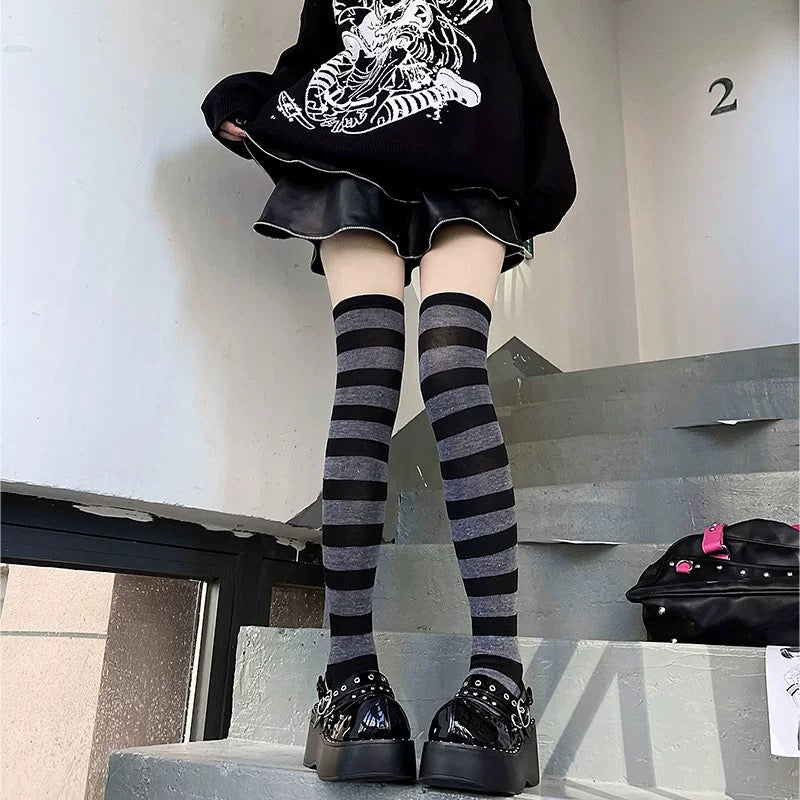 Femboy in Gray And Black Striped Thigh High Socks