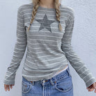 Gray And White Striped T-Shirt Long Sleeve - Femboy Fashion