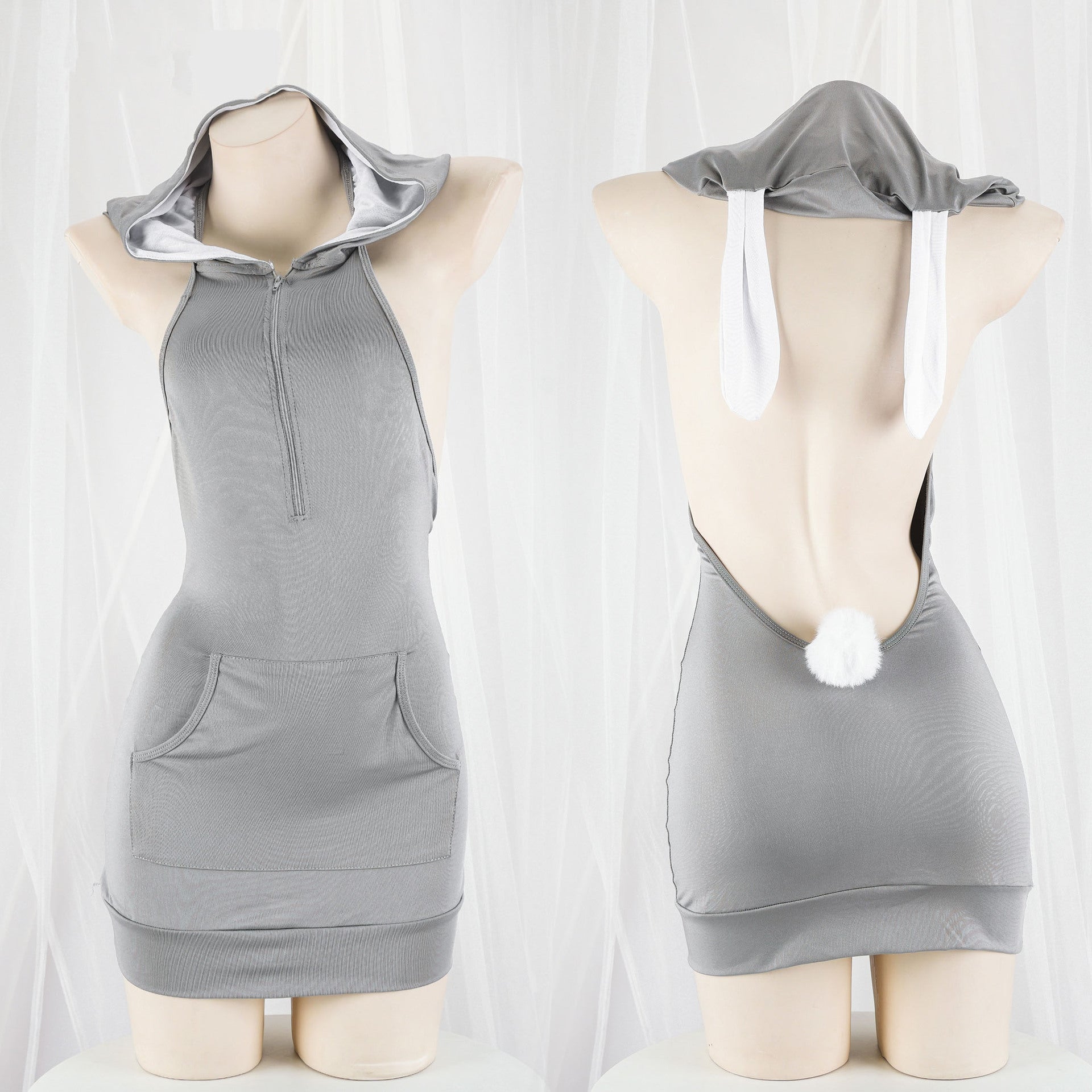 Gray Backless Bunny Lingerie Front And Back - Femboy Fashion