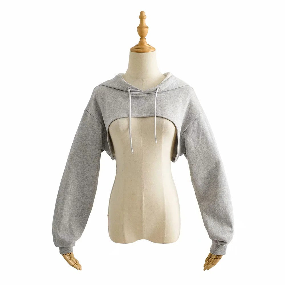 Femboy Gray Cropped Drawstring Hoodie Front - Femboy Fashion