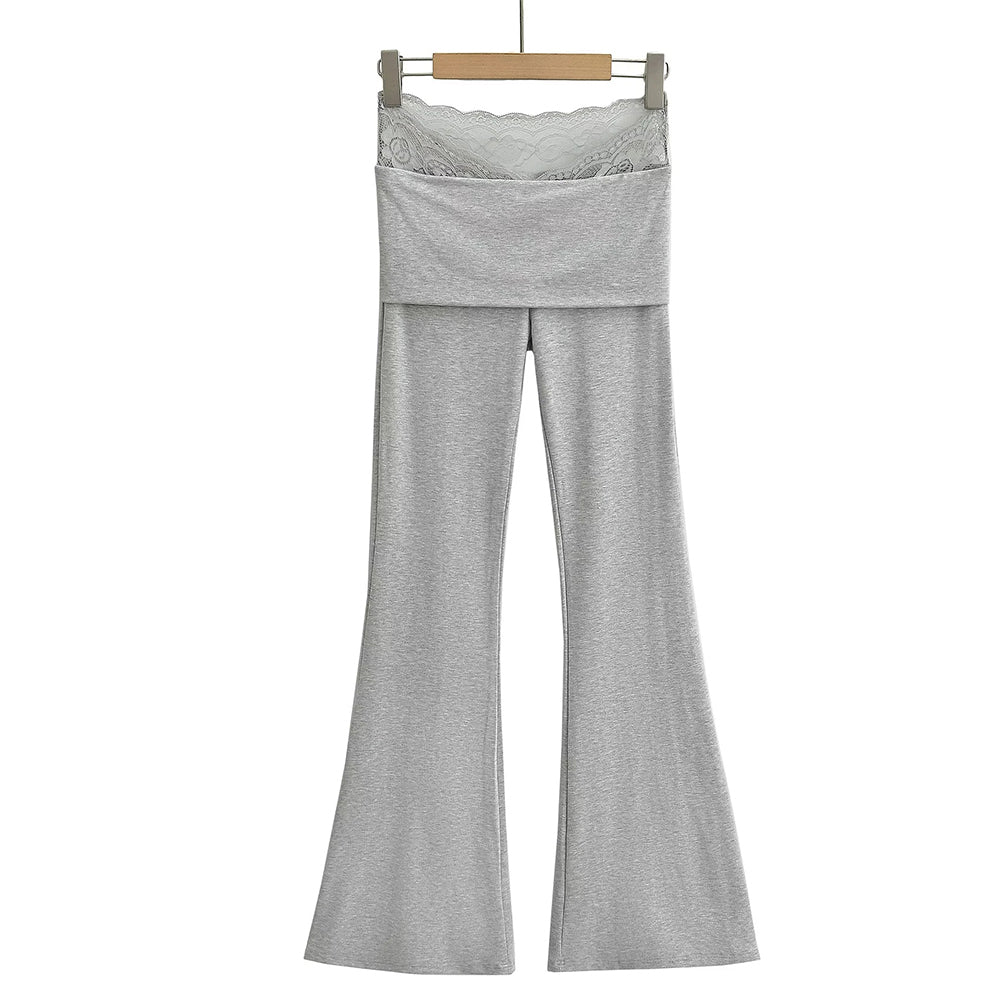 Femboy Lace Waist Cotton Yoga Flare Pant Gray - Femboy Fashion