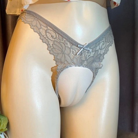 Gray Low Waist Lace Cameltoe Panties
