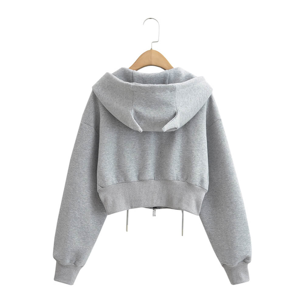 Gray zippered hoodie with devil horns back